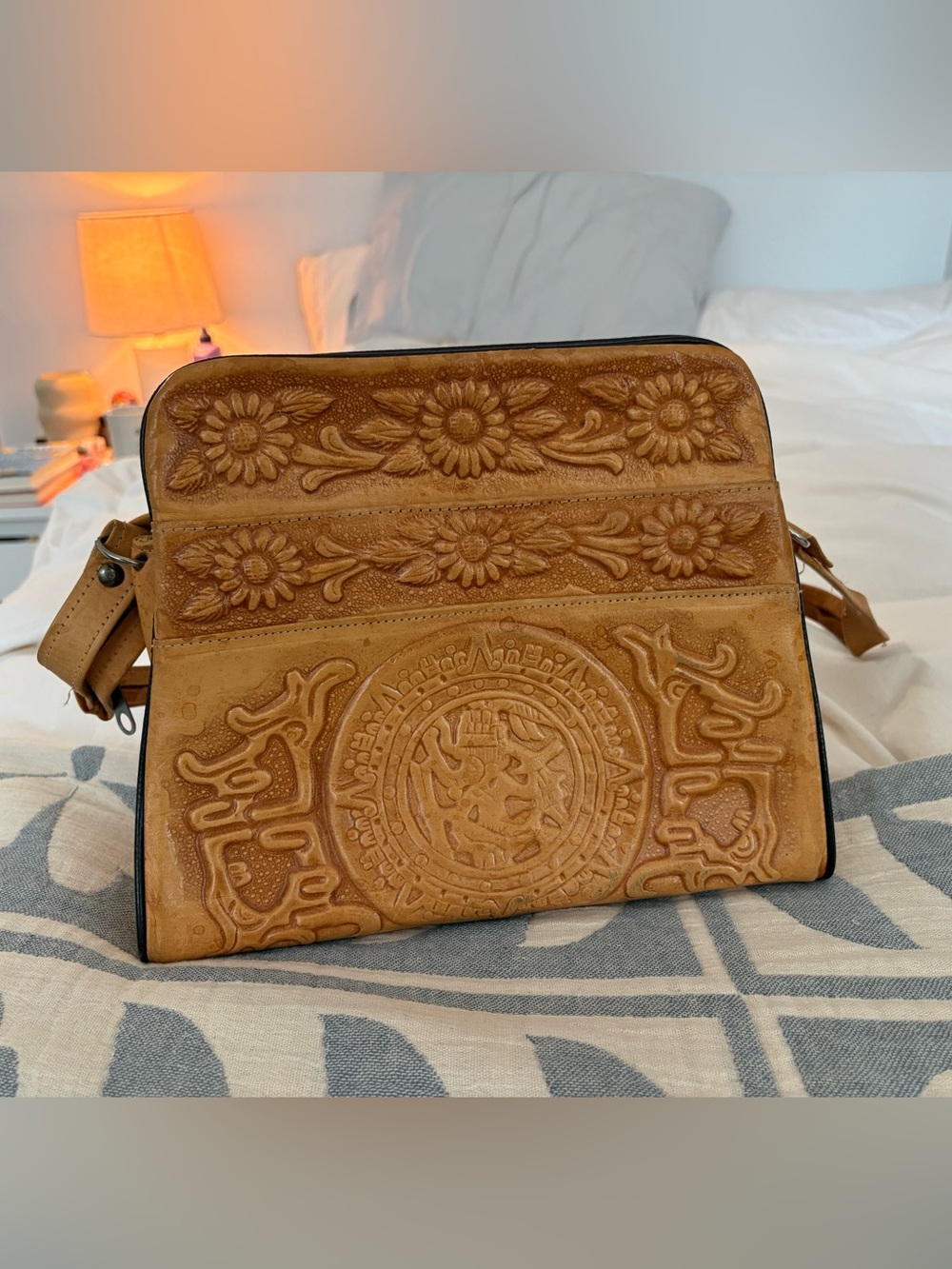 Vintage Handcrafted Tan Leather Embossed Crossbody Bag